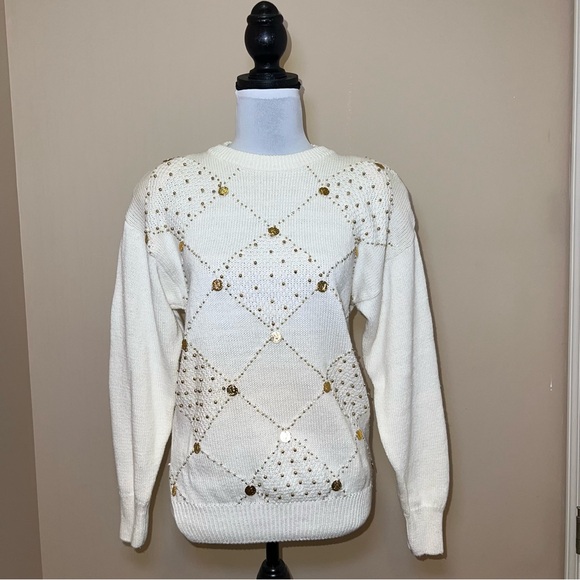 Eminent Womens Vintage 80"s Cream Crew Neck Sweater w/Coin Decoration Size Small - Picture 1 of 8